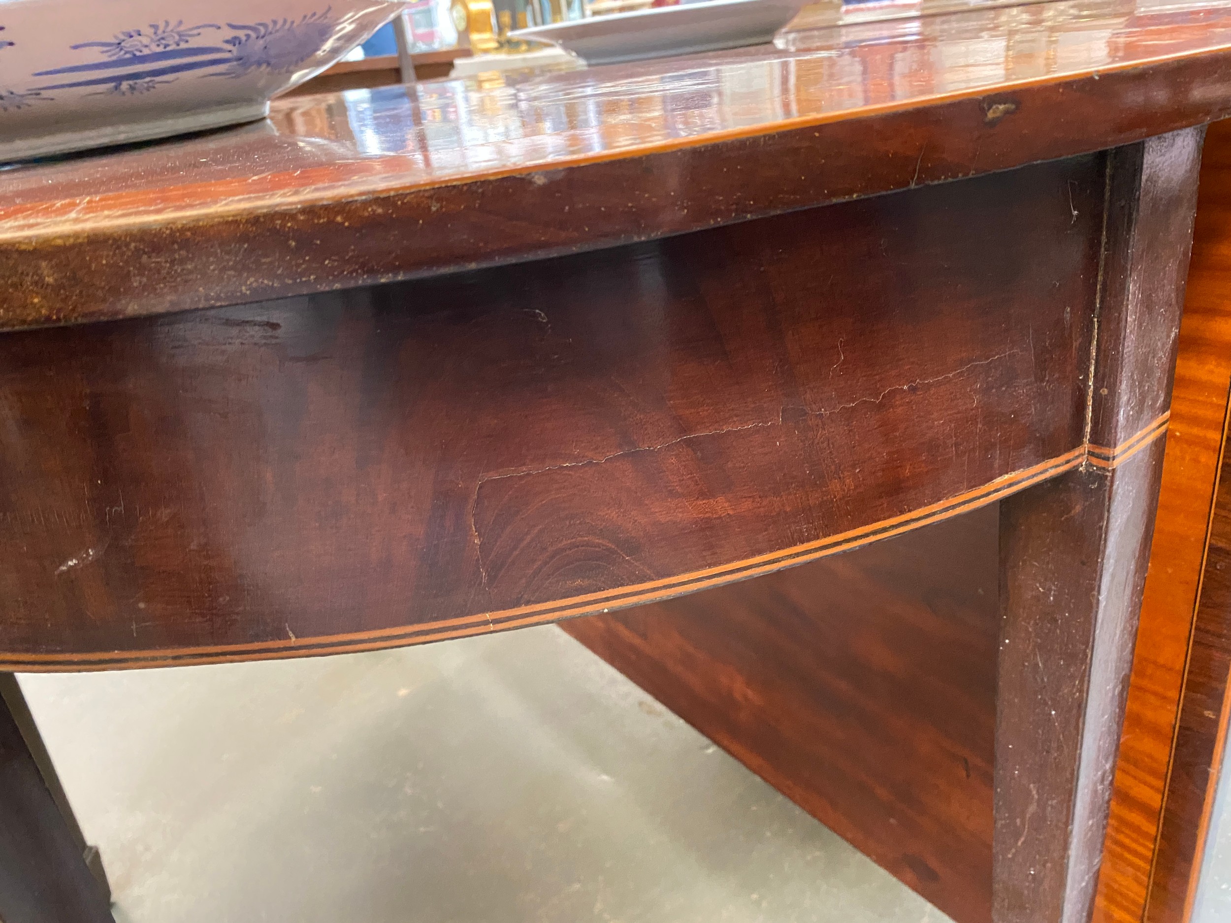 A George III mahogany and satinwood banded D end dining table, the central section with two drop - Image 2 of 6