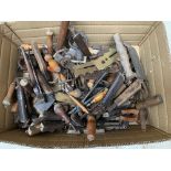 A mixed box of vintage hand tools, to include leather working tools