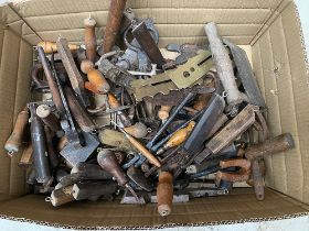 A mixed box of vintage hand tools, to include leather working tools