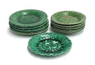 A quantity of green glazed cabbage ware plates (af), to include seven Bordallo Pinheiro plates