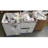 Three large boxes of Christmas decorations, tinsel, figurines, bells, tree ornaments, gift bags,