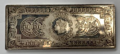 A reproduction 1886 one troy pound five dollars silver certificate bar (silver plated), 381g