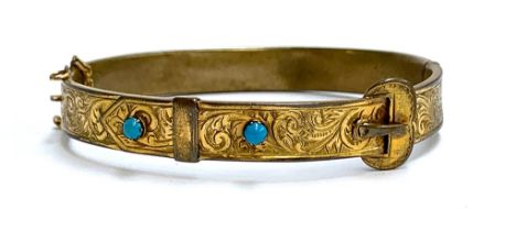 A late Victorian gilt metal buckle bangle set with turquoise glass cabochons, marked S.B to