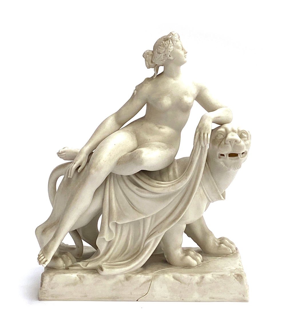 A 19th century Minton Parian figure of Ariadne and the panther (af), incised to base, 36cmH 29cmW