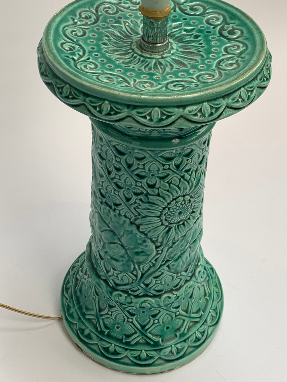 Interior design interest: a large green glazed ceramic column table lamp with sunflower and - Image 3 of 3