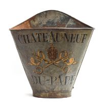 An early 20th century French grape hod, galvanised metal with repainted Chateauneuf-du-Pape