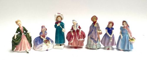 A group of seven small Royal Doulton lady figurines, the tallest 15cmH: 'Monica', 'Carrie', 'Goody