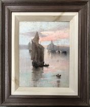 20th century oil on canvas of a ship in harbour at twilight, 20.5x15.5cm