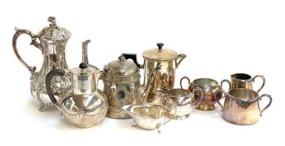 A mixed lot of plated wares, to include a large chased coffee pot; milk jugs; sauce boat etc