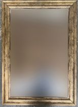 A contemporary wall mirror with bevelled glass and distressed gilt style frame, 108x77cm