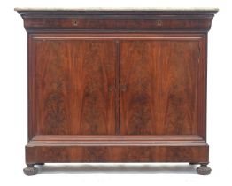 A Louis Philippe mahogany and marble topped side cabinet, having two cushion drawers over two