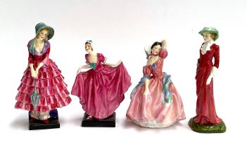 Four Royal Doulton lady figurines: 'Priscilla', 'Delight', 'May Time', and 'Karen', the tallest 20.