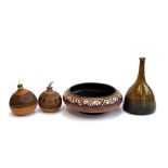 A Israeli studio pottery bowl; two painted gourds; and a studio pottery bottle vase, 28cmH