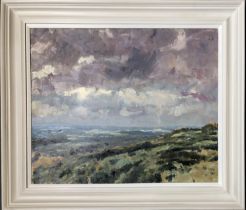 21st century oil on board, 'Approaching Storm, Whiteway Hill' 2008, monogrammed MS, 50x60.5cm