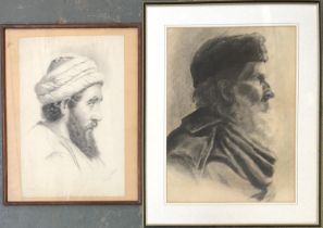Two charcoal sketches of two bearded men in hats, one signed indistinctly lower right and dated
