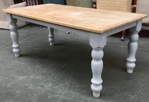 A farmhouse kitchen table on substantial grey painted turned legs, 180x95x74cmH