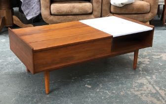 A West Elm mid-century style pop-up coffee table with marble top and rising surface panel,