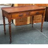 A Maple & Co Ltd London & Paris console table of two drawers, on turned legs and casters,