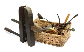 A mixed lot to include a large vintage wooden clamp, wicker basket etc