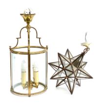 A cylindrical hall lantern, one glass panel missing, 55cm high; together with a glazed star lantern