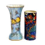 An Art Deco Carlton Ware lustre sleeve vase decorated with birds on a branch, 19.5cmH; together with