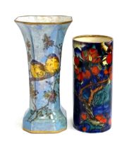 An Art Deco Carlton Ware lustre sleeve vase decorated with birds on a branch, 19.5cmH; together with