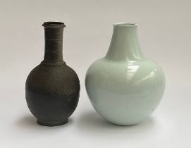 A Chinese celadon glaze studio pottery vase, marks to base, 28cmH; together with a stoneware vase,