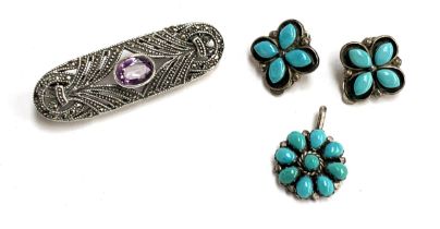 A 925 silver, amethyst and marcasite brooch, 4.3cmL; together with a Native American Zuni silver and
