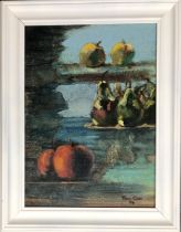 Pam Cox, still life of apples and pears, oil on canvas, signed, 49.5x35.5cm