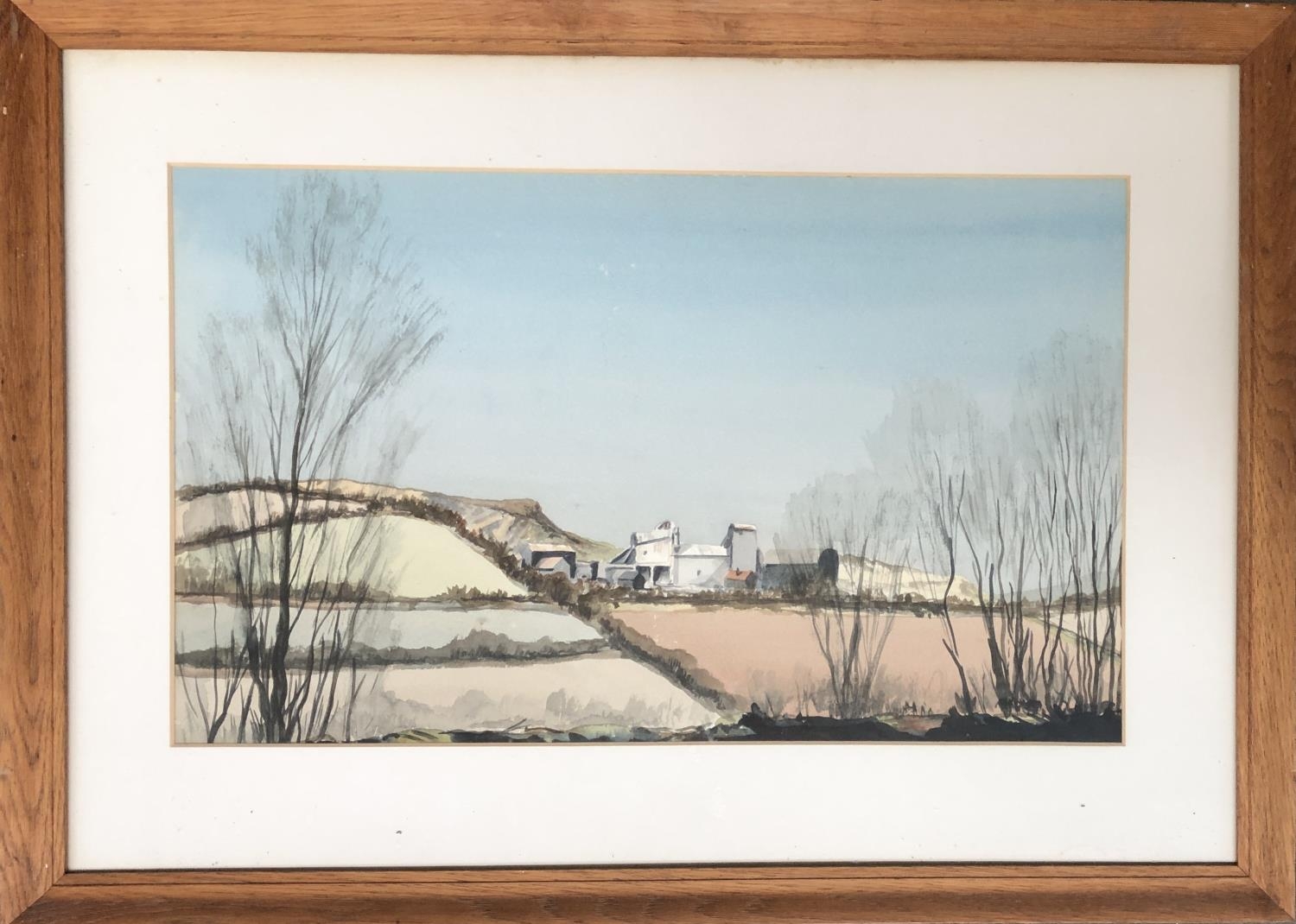 20th century watercolour of landscape and buildings, 30.5x50.5cm