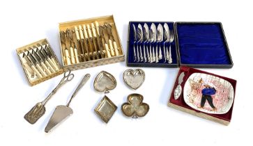 A cased set of six fish knives and forks; a mid-century Courtier & Co boxed dish; card suit pin