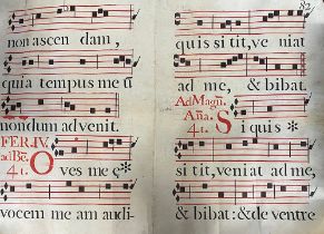 A double sided sheet from a medieval Antiphonary, vellum, approx. 62x90cm