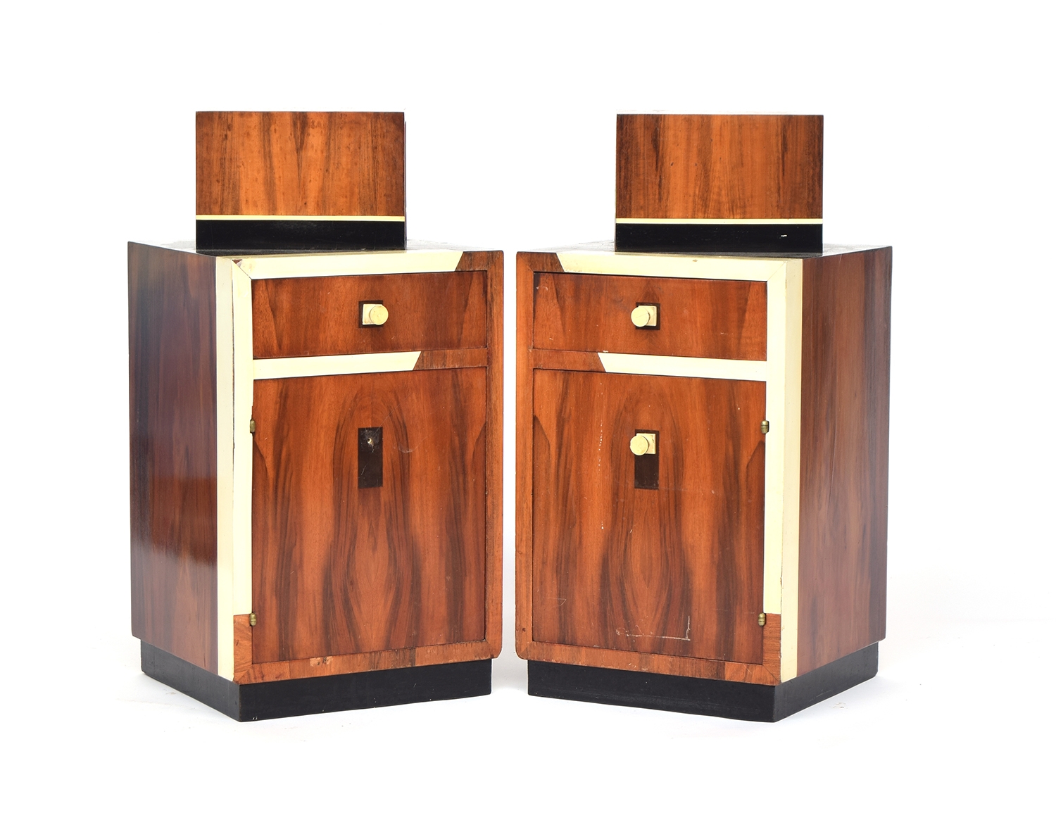 A pair of French Art Deco maccasar ebony square bedside cabinets, each with an offset box niche - Image 2 of 11