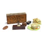 A small mixed lot to include Plasmon Oats box; Royal Winton cottage box; Grimwades elf plate; wooden