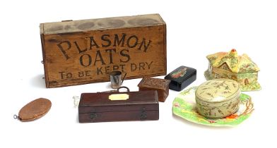 A small mixed lot to include Plasmon Oats box; Royal Winton cottage box; Grimwades elf plate; wooden