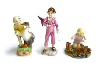 Three Royal Worcester porcelain figures, 'Goosie Goosie Gander', 'A Woodland Dance', and 'The