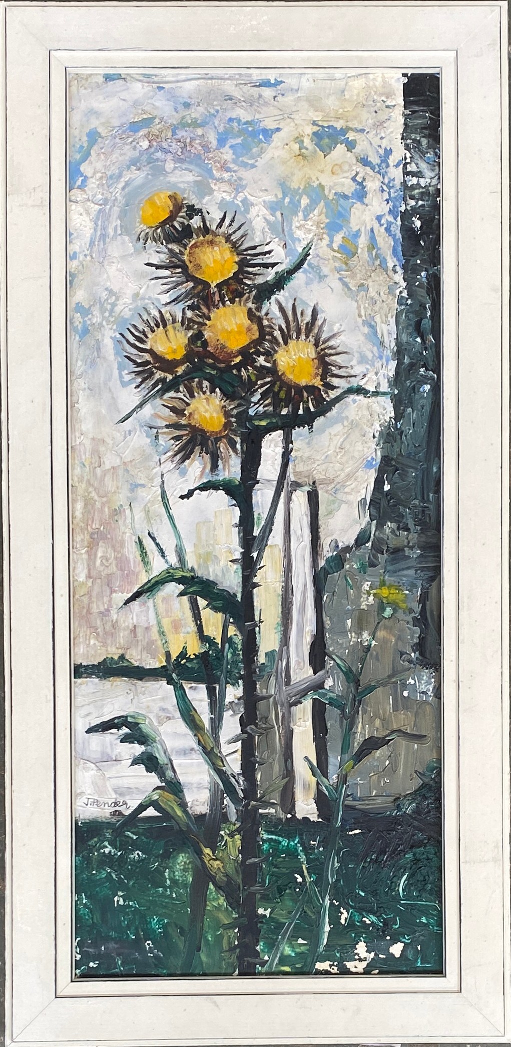 Jack Pender (1918-1998), study of yellow thistles, oil on board, signed, 47x19cm - Image 2 of 8