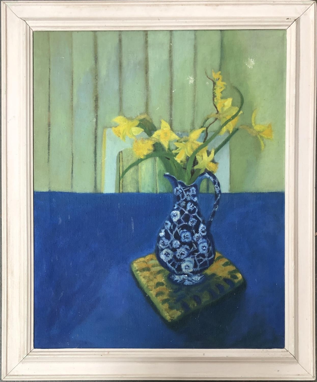 Rosemary Paterson, 20th century oil on canvas, still life of daffodils in vase, signed to verso,