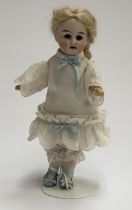 Antique German miniature doll with bisque head, stamped to reverse of head 1000 13/0., 19cmH