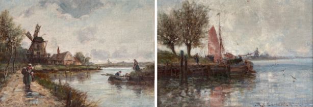 Alfred Sanderson Edward RBA (1852-1915), Dutch scenes with windmill and river, 19th century oil on