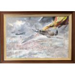 Ralph Gillies-Cole (1915-1994), Spitfire over Portsmouth, oil on canvas, signed and dated '88, 49.