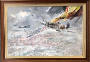 Ralph Gillies-Cole (1915-1994), Spitfire over Portsmouth, oil on canvas, signed and dated '88, 49.