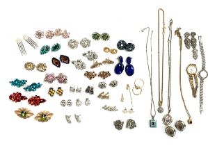 A mixed lot of costume jewellery to include paste earrings; 925 silver mystic topaz stud earrings;