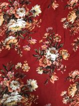 A pair of red curtains decorated with floral sprays, lined, approx. 205cm drop, 235cm ungathered