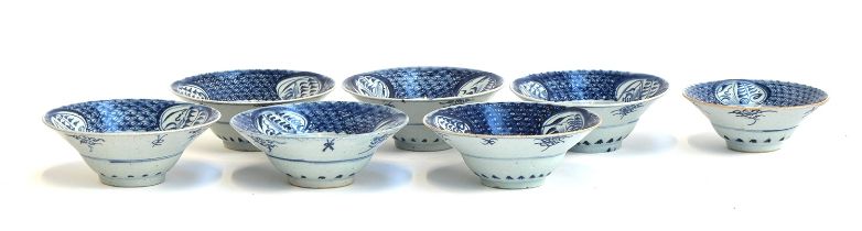 Seven 19th century Chinese export blue and white porcelain bowls, six approx. 18cm to 18.5cm; one