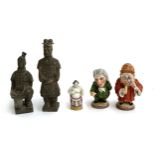 A pair of Richard Ginori figures of Dwarf and Hunchback; two terracotta Chinese figures; and a small