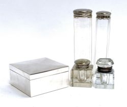 A smart white metal cigarette box, marks to base, 10cmW; together with two cut glass inkwells and