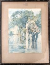 Early 20th century watercolour depicting forest lake scene, signed indistinctly lower right, dated