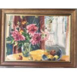 20th century oil on canvas, still life of flowers and fruit, 69x96cm