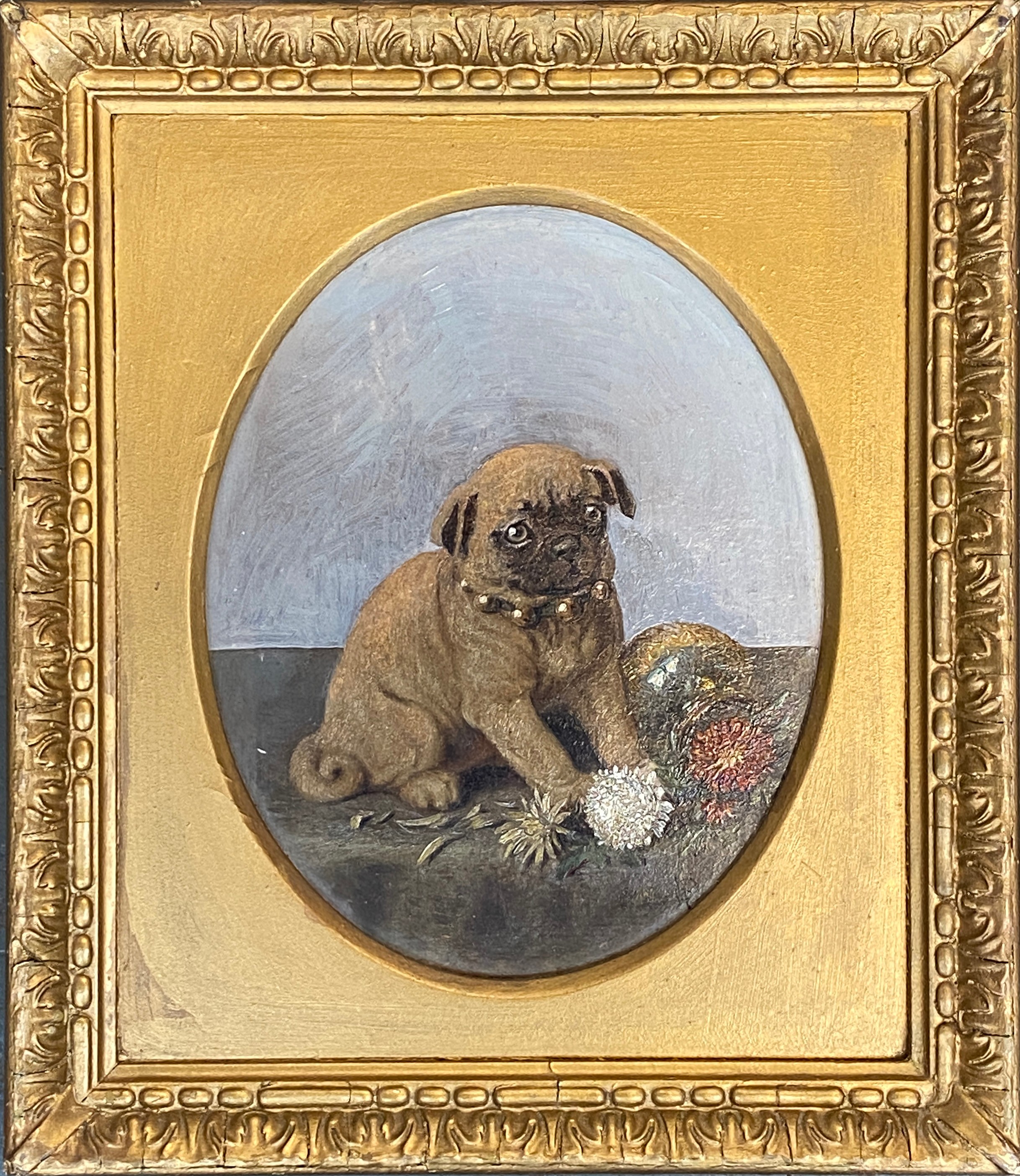 Horatio Henry Couldery (1832-1918), puppy playing with flowers, oil on board, signed with monogram - Image 2 of 3